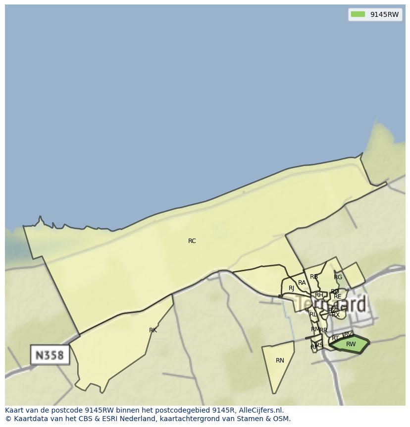 Afbeelding van het postcodegebied 9145 RW op de kaart.