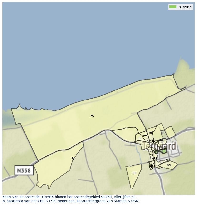 Afbeelding van het postcodegebied 9145 RX op de kaart.