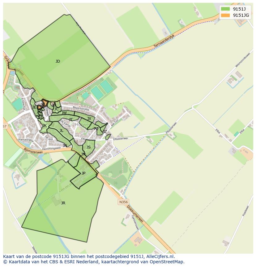 Afbeelding van het postcodegebied 9151 JG op de kaart.