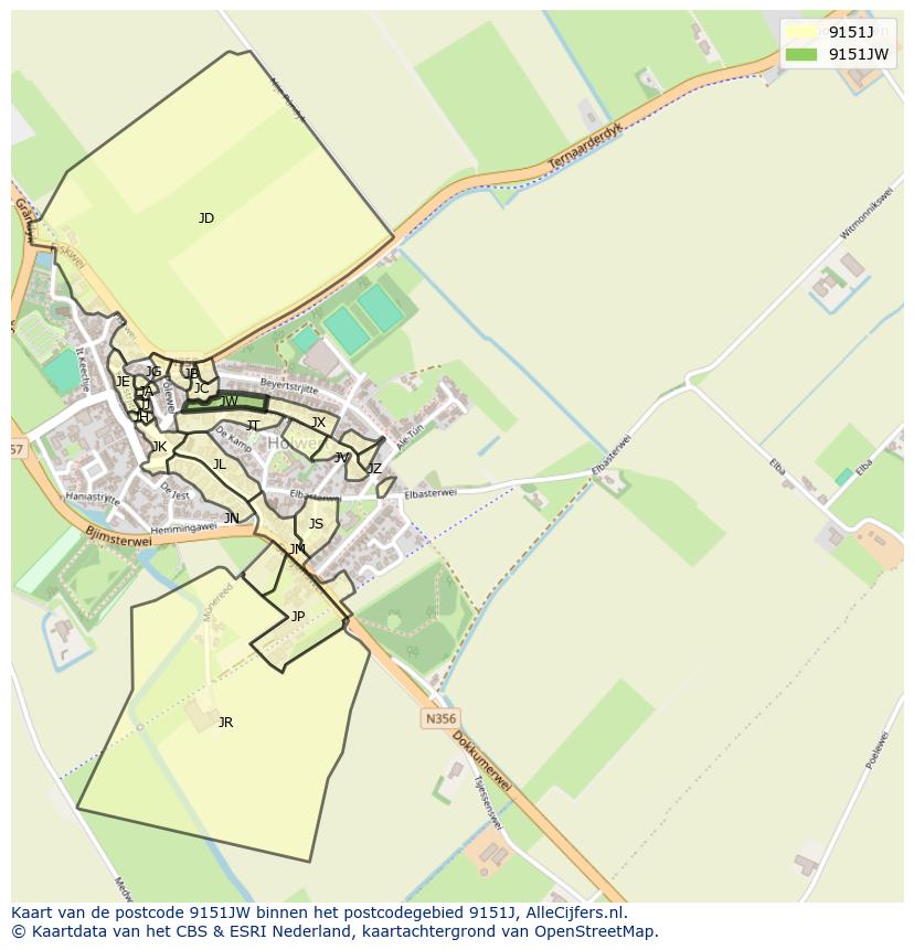 Afbeelding van het postcodegebied 9151 JW op de kaart.