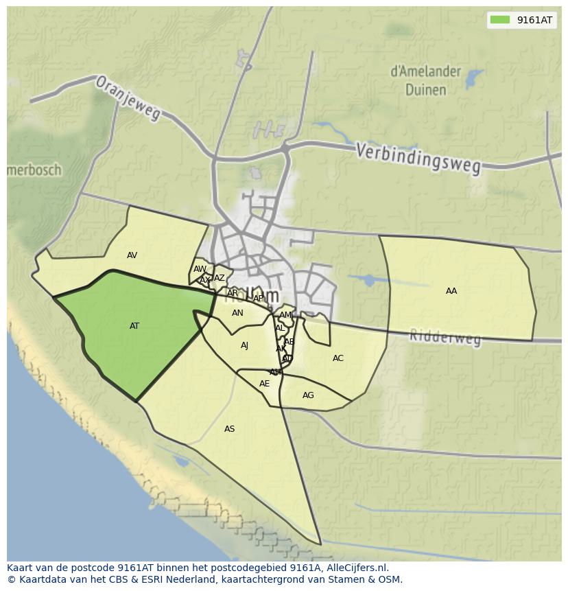 Afbeelding van het postcodegebied 9161 AT op de kaart.
