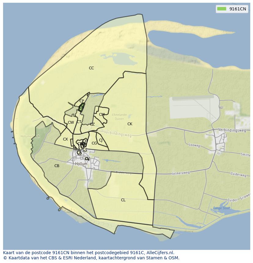 Afbeelding van het postcodegebied 9161 CN op de kaart.