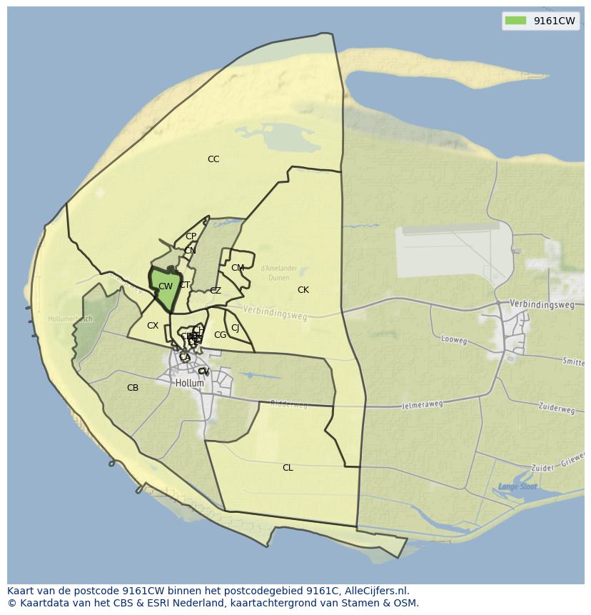Afbeelding van het postcodegebied 9161 CW op de kaart.