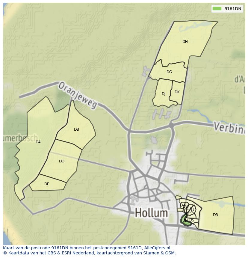Afbeelding van het postcodegebied 9161 DN op de kaart.