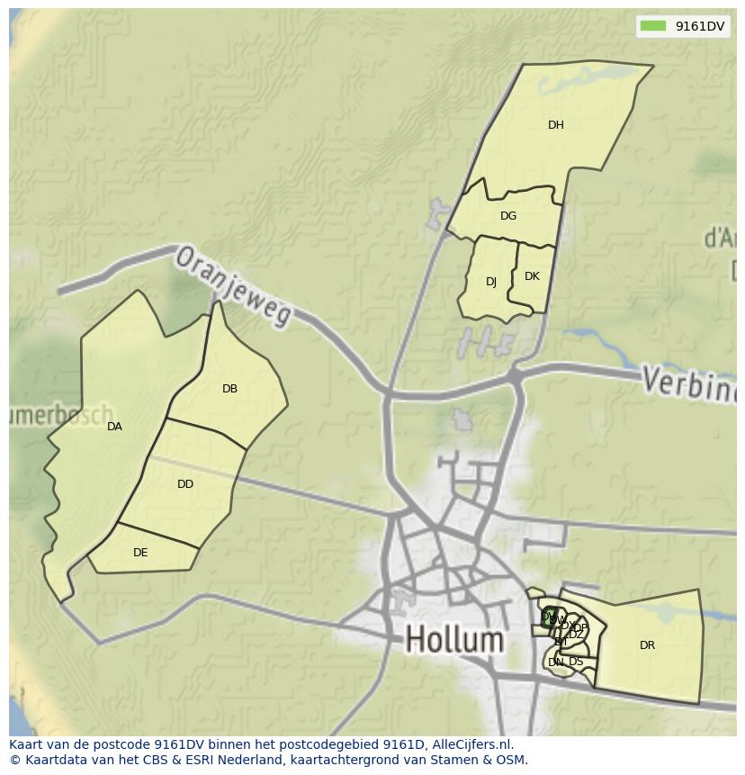 Afbeelding van het postcodegebied 9161 DV op de kaart.