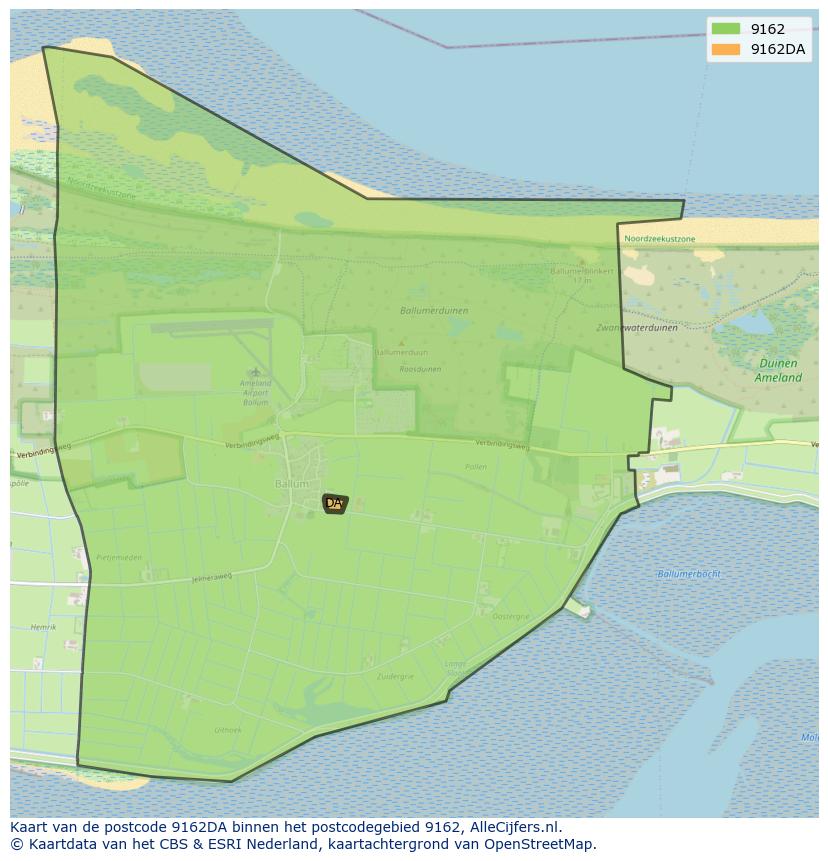 Afbeelding van het postcodegebied 9162 DA op de kaart.