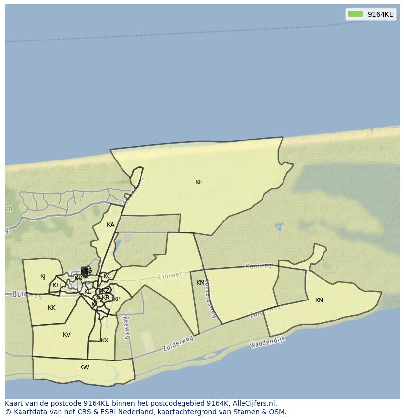 Afbeelding van het postcodegebied 9164 KE op de kaart.