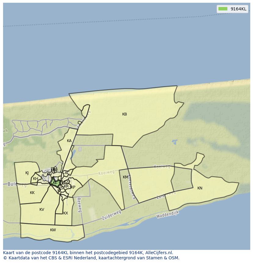 Afbeelding van het postcodegebied 9164 KL op de kaart.