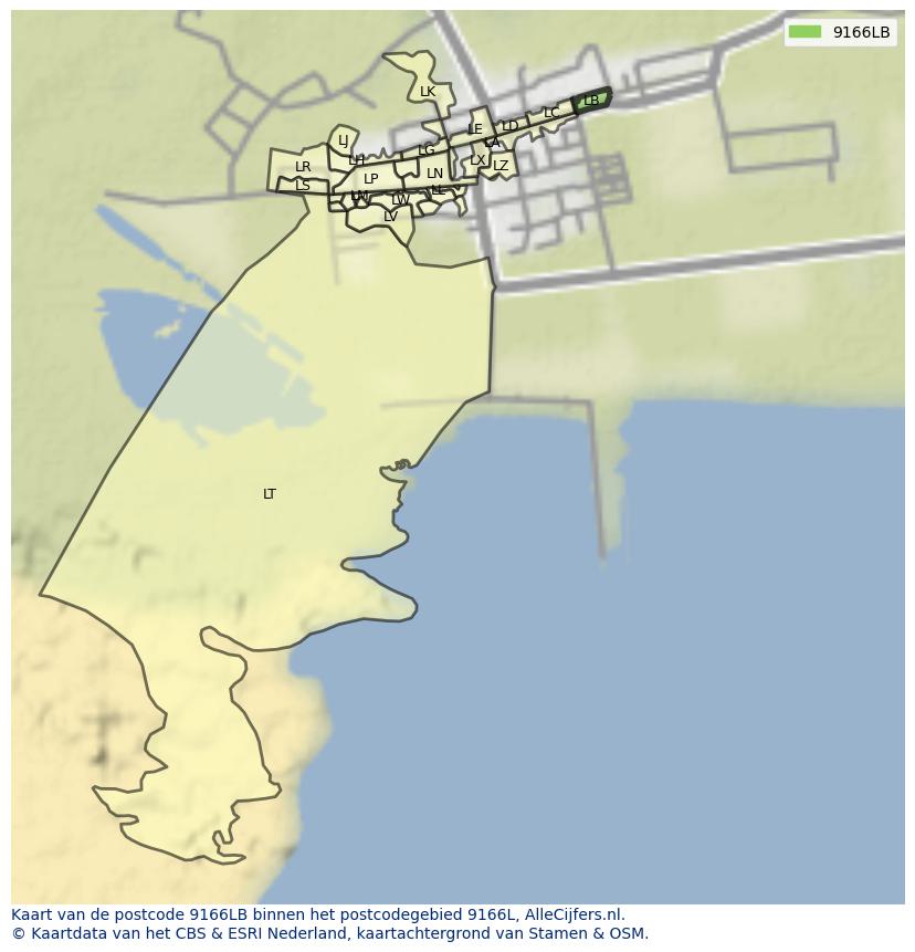 Afbeelding van het postcodegebied 9166 LB op de kaart.