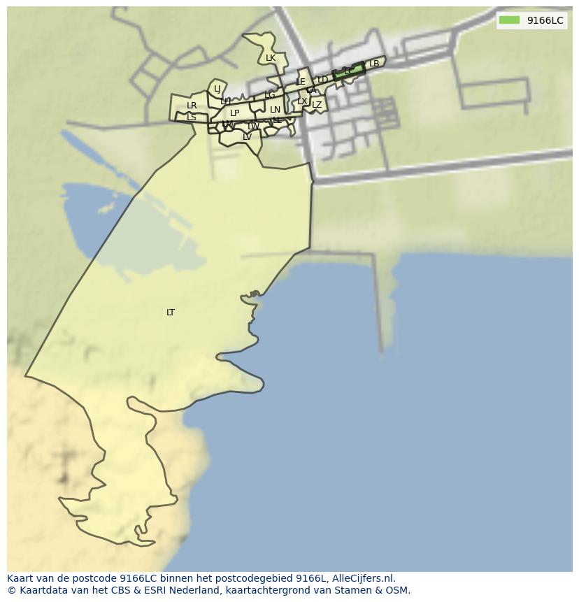 Afbeelding van het postcodegebied 9166 LC op de kaart.