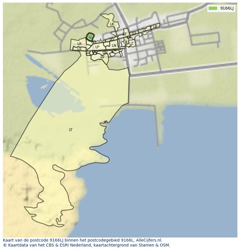 Afbeelding van het postcodegebied 9166 LJ op de kaart.