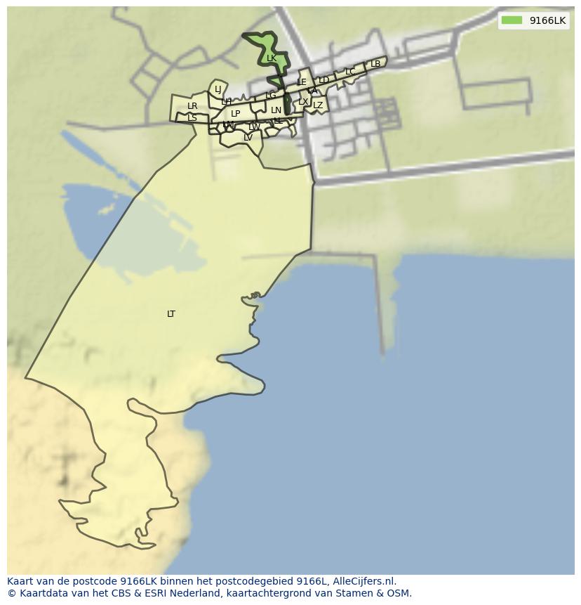 Afbeelding van het postcodegebied 9166 LK op de kaart.