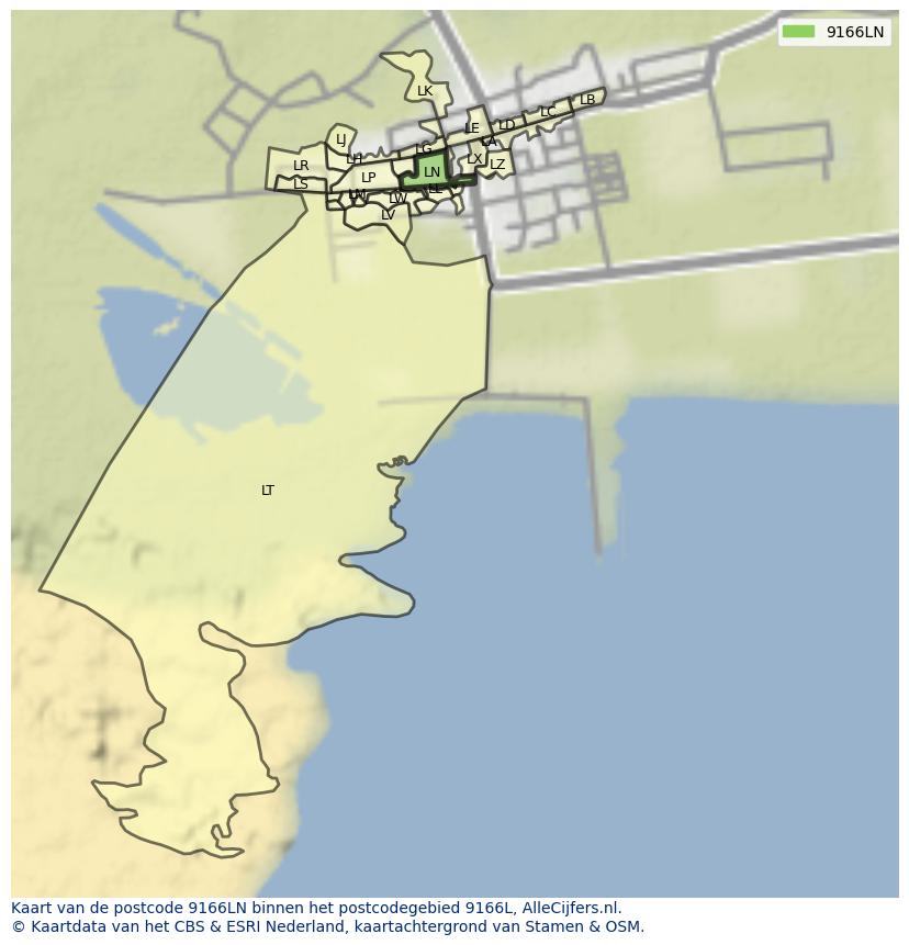 Afbeelding van het postcodegebied 9166 LN op de kaart.