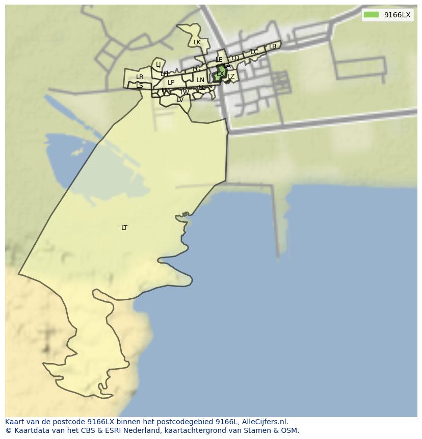 Afbeelding van het postcodegebied 9166 LX op de kaart.