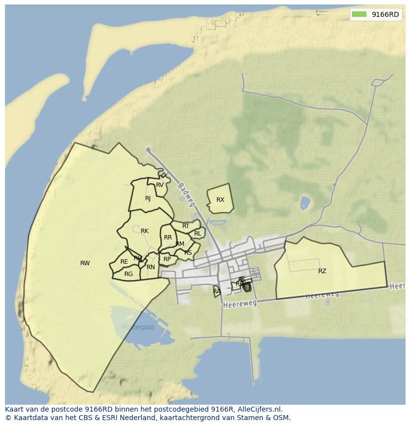 Afbeelding van het postcodegebied 9166 RD op de kaart.