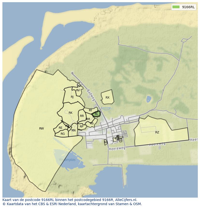 Afbeelding van het postcodegebied 9166 RL op de kaart.