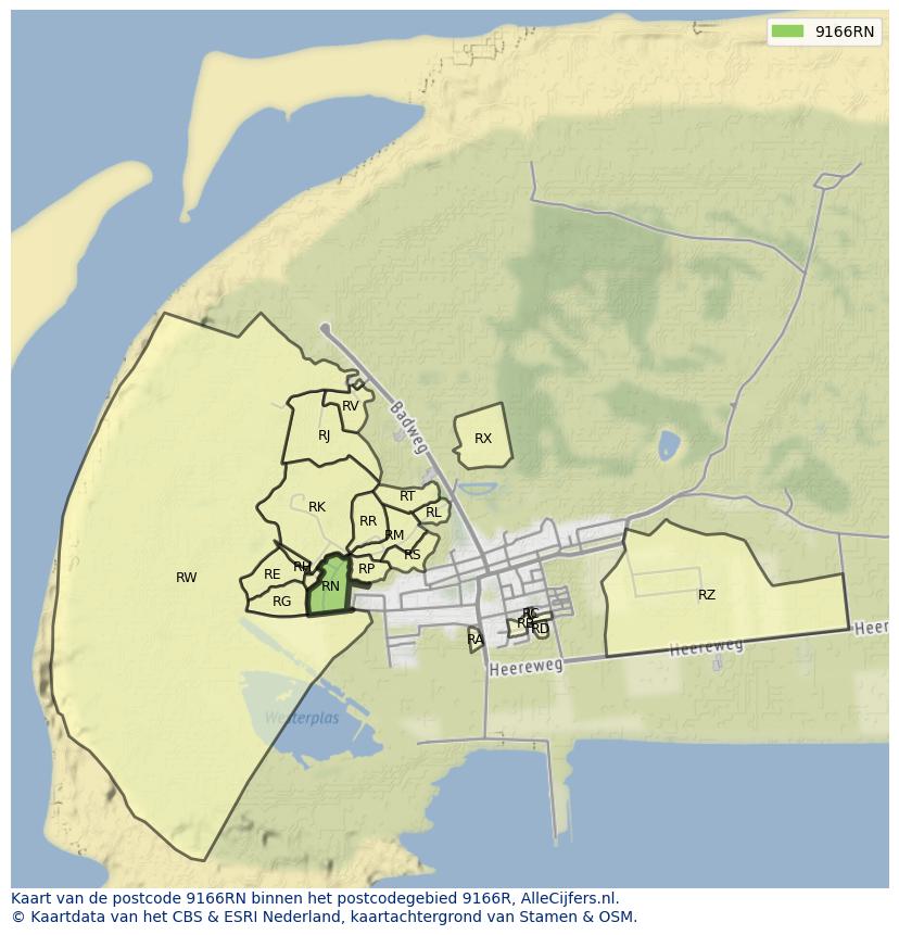 Afbeelding van het postcodegebied 9166 RN op de kaart.