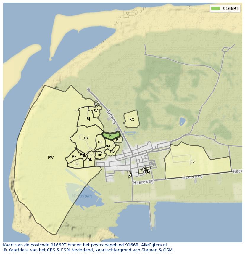 Afbeelding van het postcodegebied 9166 RT op de kaart.