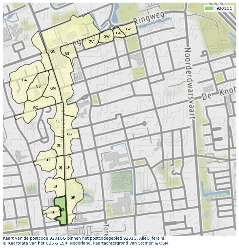 Afbeelding van het postcodegebied 9201 GG op de kaart.