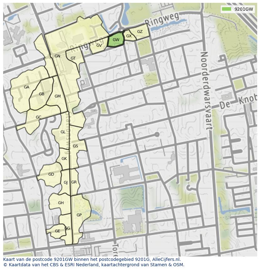 Afbeelding van het postcodegebied 9201 GW op de kaart.