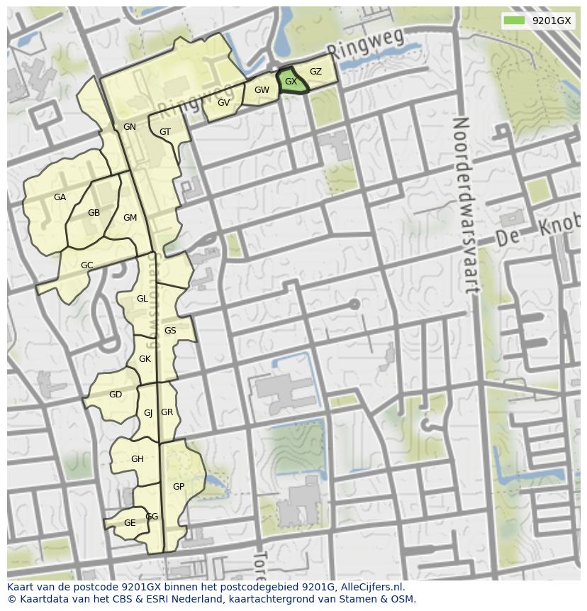 Afbeelding van het postcodegebied 9201 GX op de kaart.