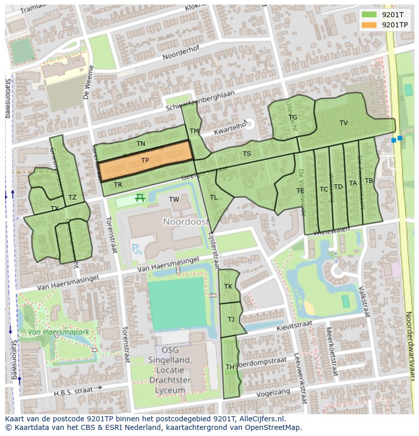 Afbeelding van het postcodegebied 9201 TP op de kaart.