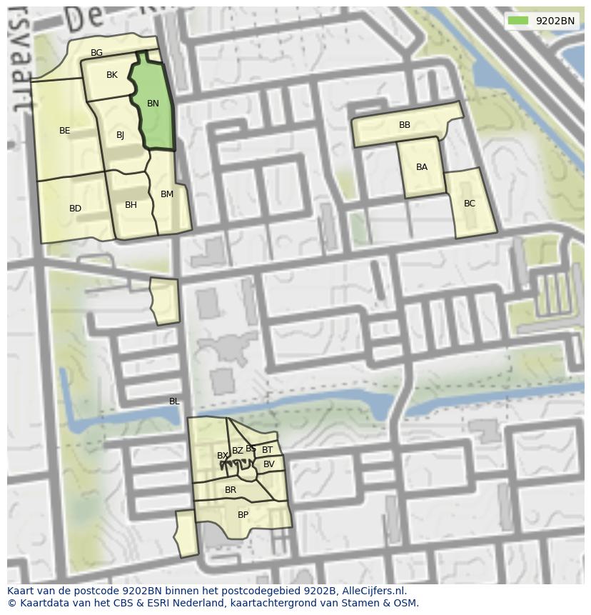 Afbeelding van het postcodegebied 9202 BN op de kaart.