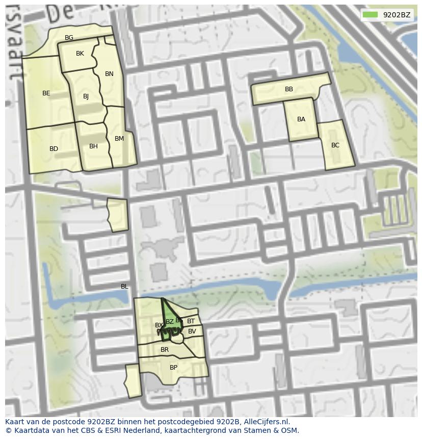 Afbeelding van het postcodegebied 9202 BZ op de kaart.