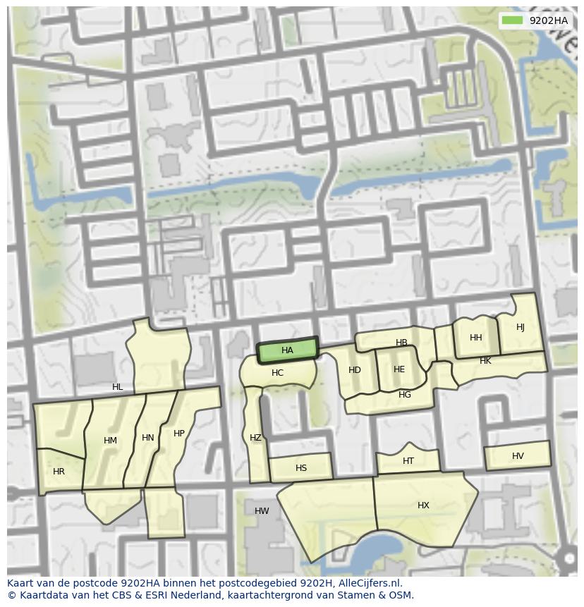 Afbeelding van het postcodegebied 9202 HA op de kaart.