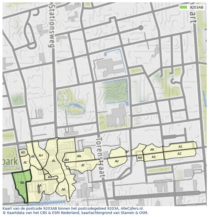 Afbeelding van het postcodegebied 9203 AB op de kaart.