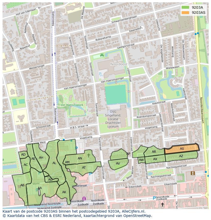 Afbeelding van het postcodegebied 9203 AS op de kaart.