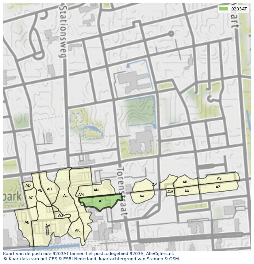 Afbeelding van het postcodegebied 9203 AT op de kaart.