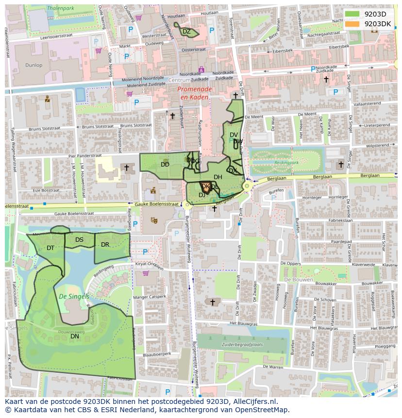 Afbeelding van het postcodegebied 9203 DK op de kaart.