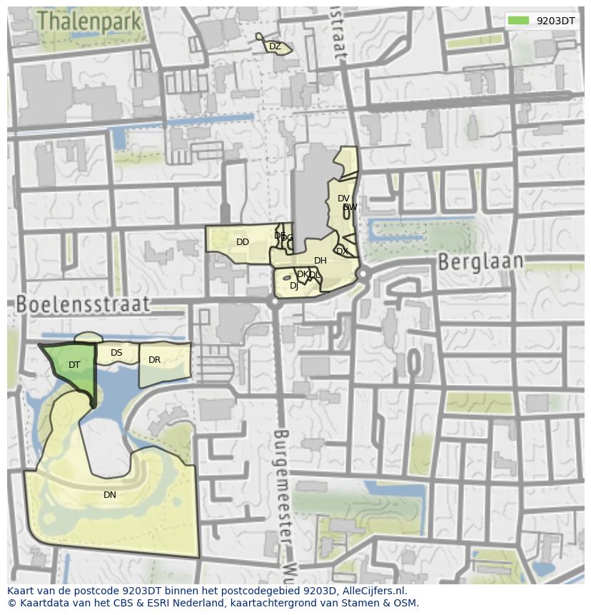 Afbeelding van het postcodegebied 9203 DT op de kaart.