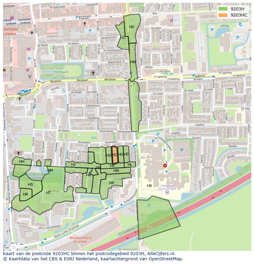 Afbeelding van het postcodegebied 9203 HC op de kaart.