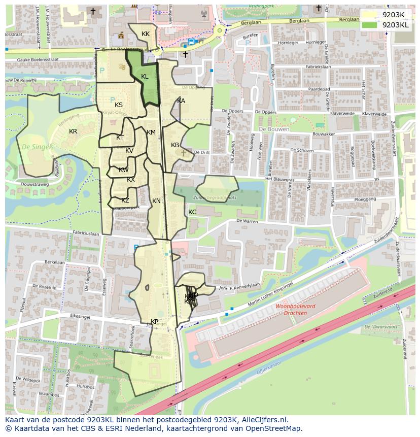 Afbeelding van het postcodegebied 9203 KL op de kaart.