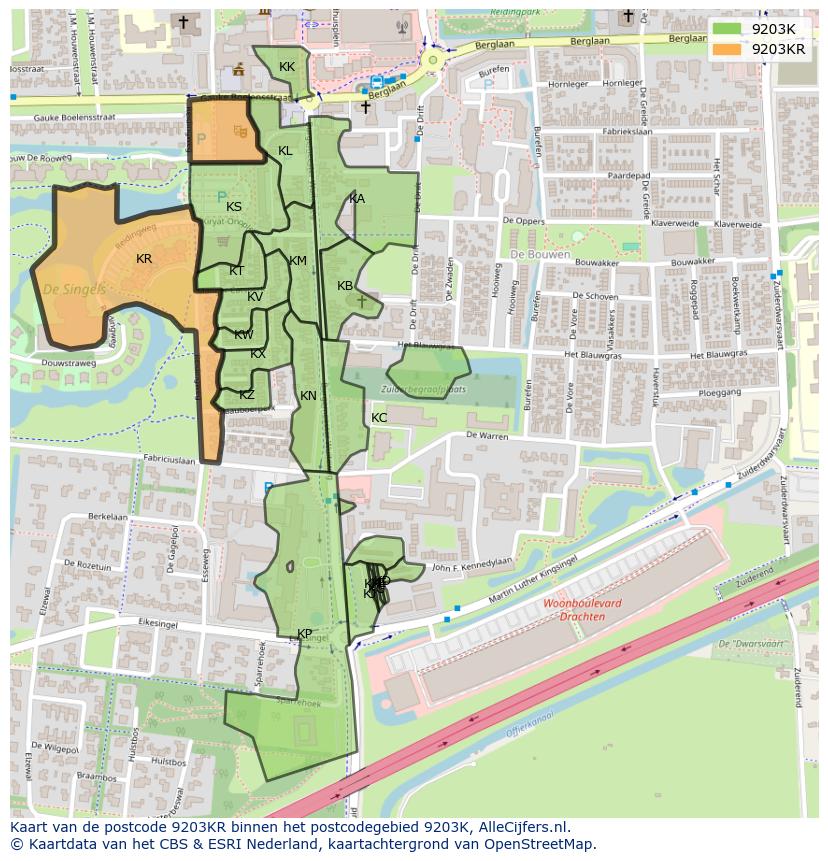 Afbeelding van het postcodegebied 9203 KR op de kaart.