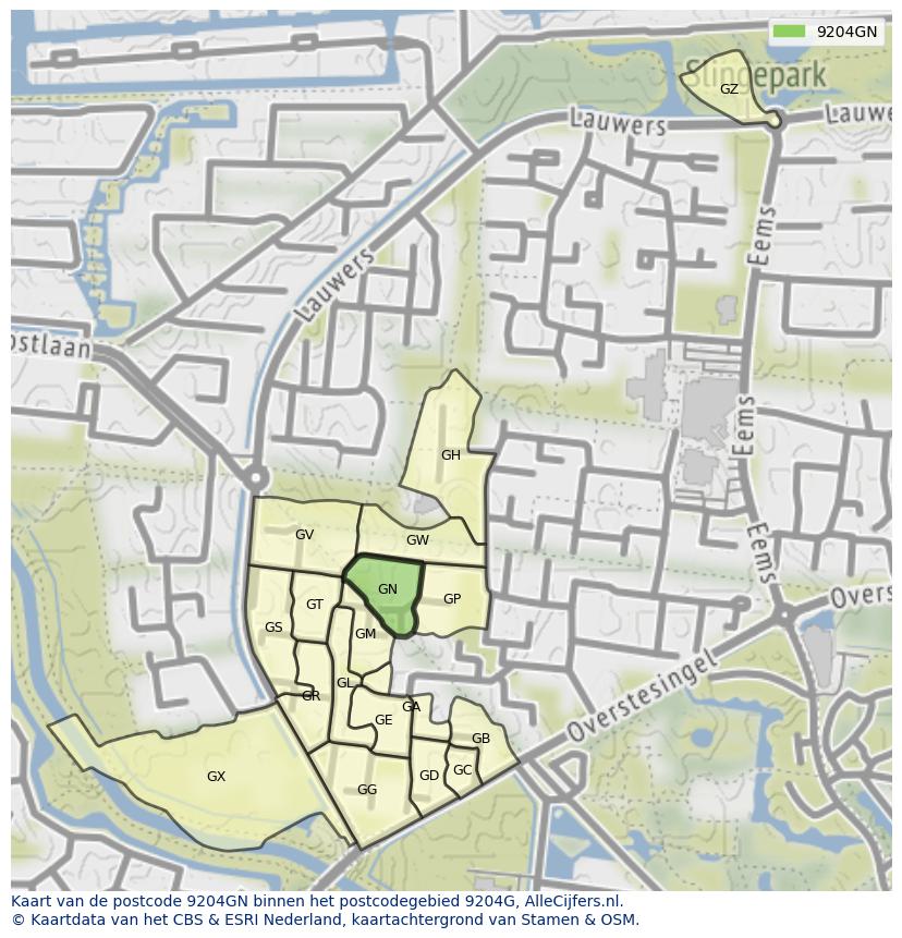 Afbeelding van het postcodegebied 9204 GN op de kaart.