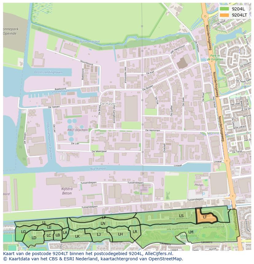 Afbeelding van het postcodegebied 9204 LT op de kaart.
