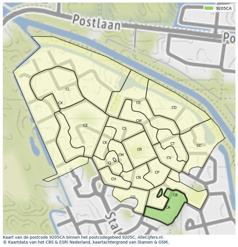 Afbeelding van het postcodegebied 9205 CA op de kaart.