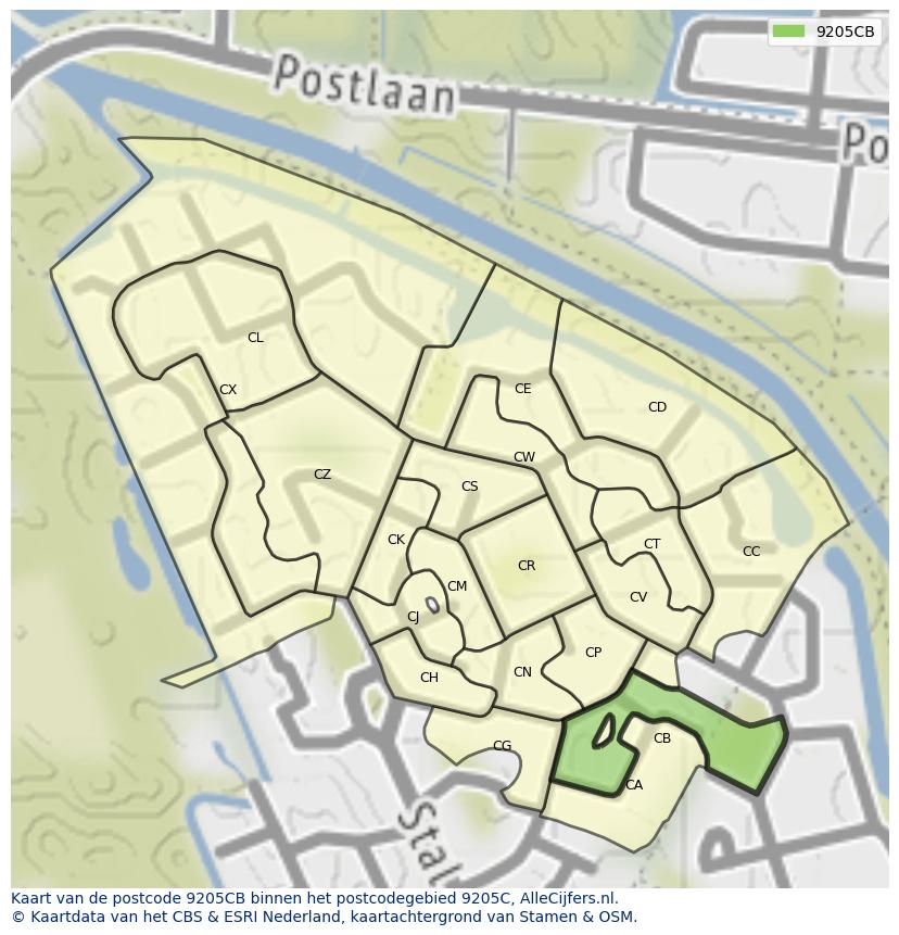 Afbeelding van het postcodegebied 9205 CB op de kaart.