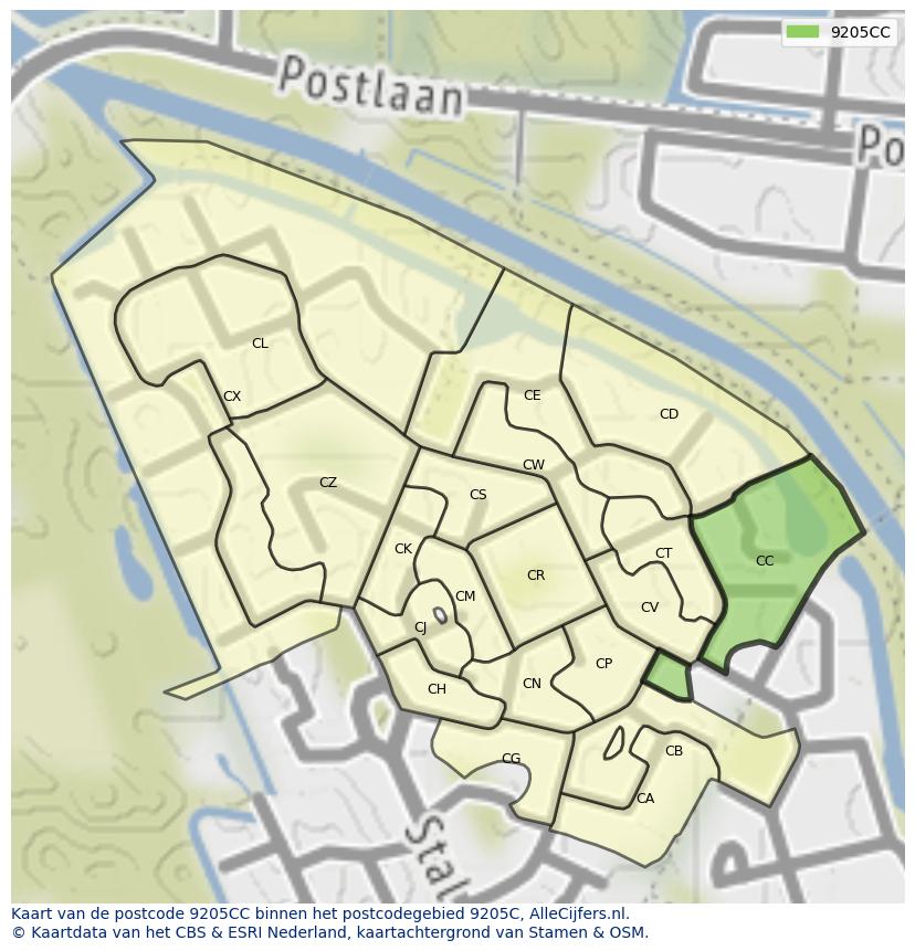 Afbeelding van het postcodegebied 9205 CC op de kaart.