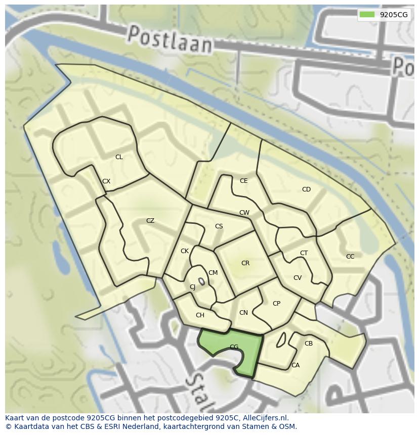 Afbeelding van het postcodegebied 9205 CG op de kaart.