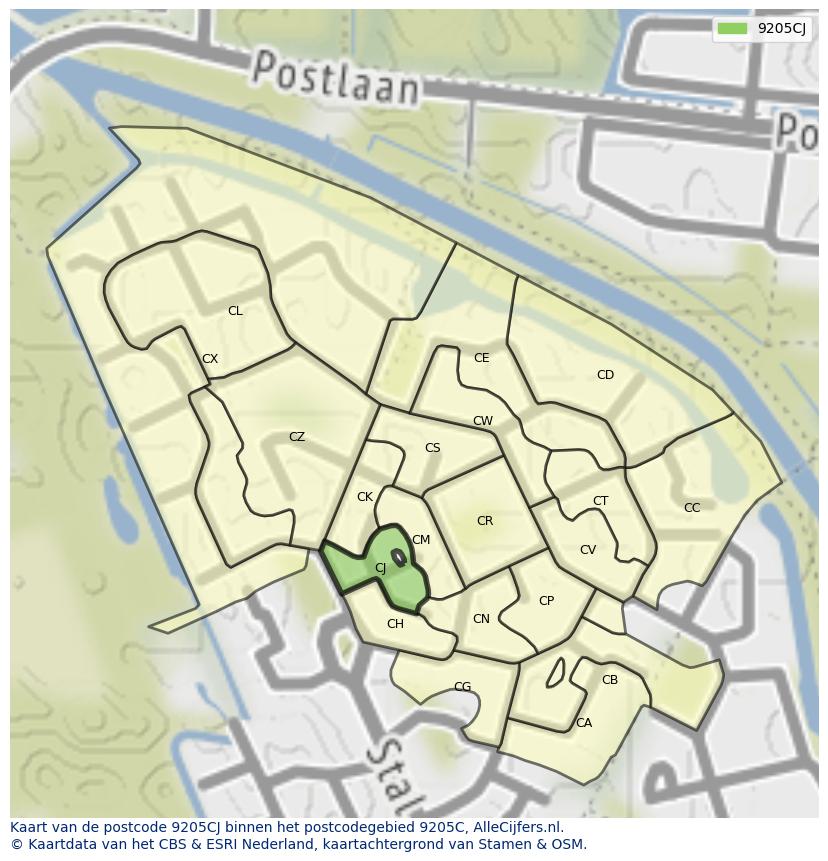 Afbeelding van het postcodegebied 9205 CJ op de kaart.