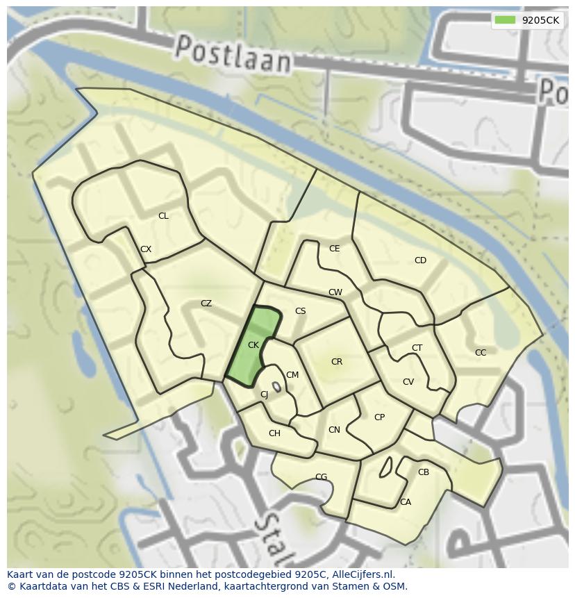 Afbeelding van het postcodegebied 9205 CK op de kaart.