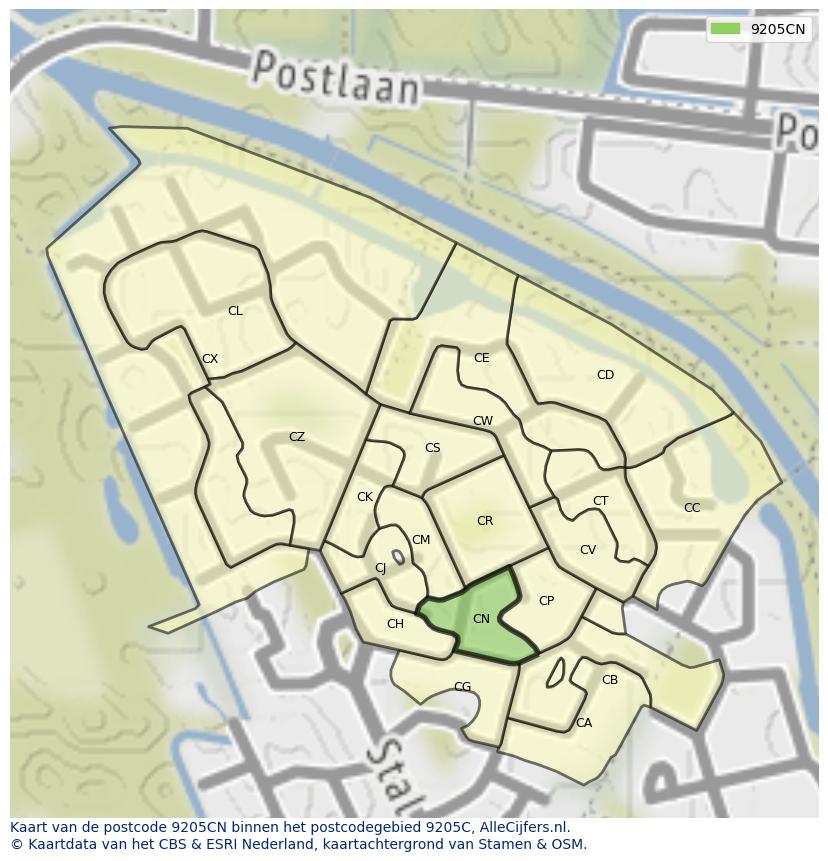 Afbeelding van het postcodegebied 9205 CN op de kaart.