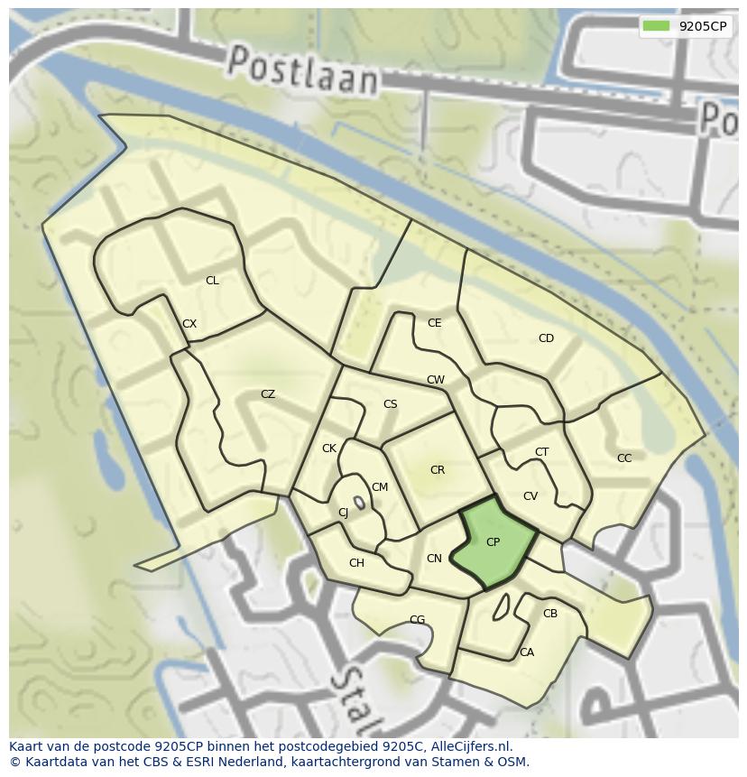 Afbeelding van het postcodegebied 9205 CP op de kaart.