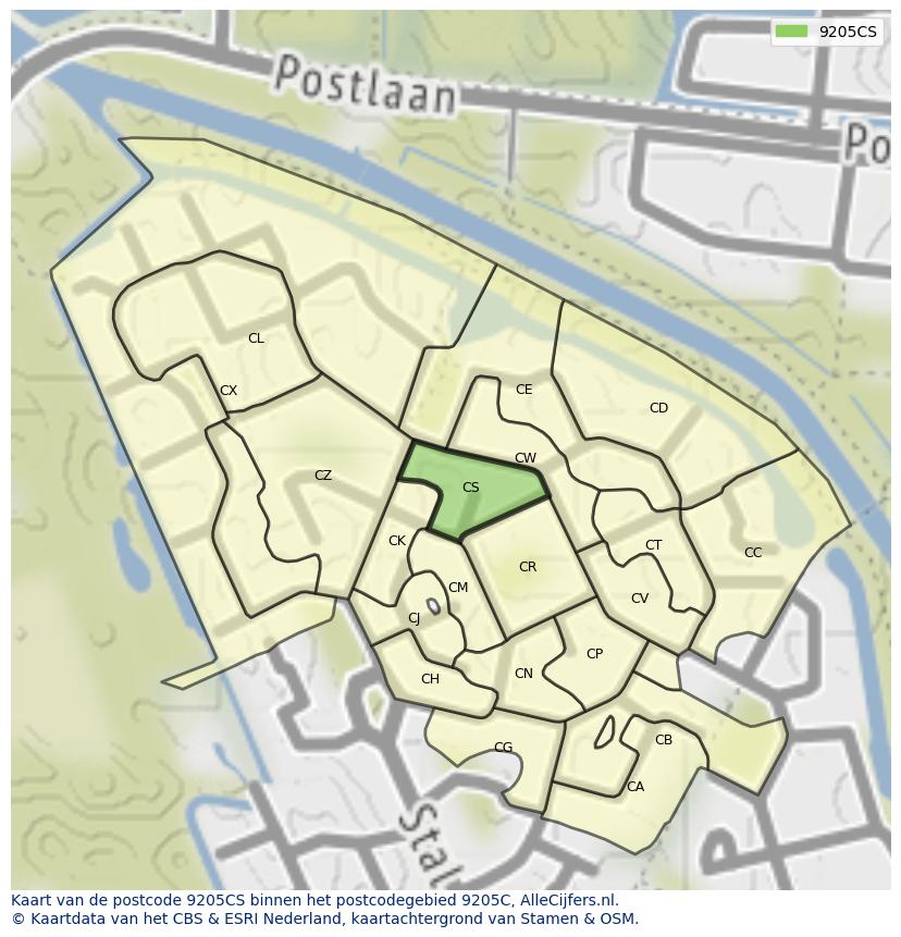 Afbeelding van het postcodegebied 9205 CS op de kaart.