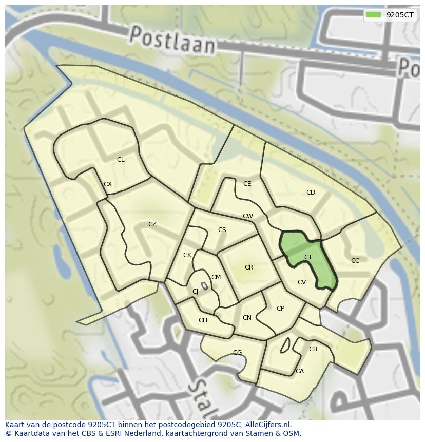 Afbeelding van het postcodegebied 9205 CT op de kaart.