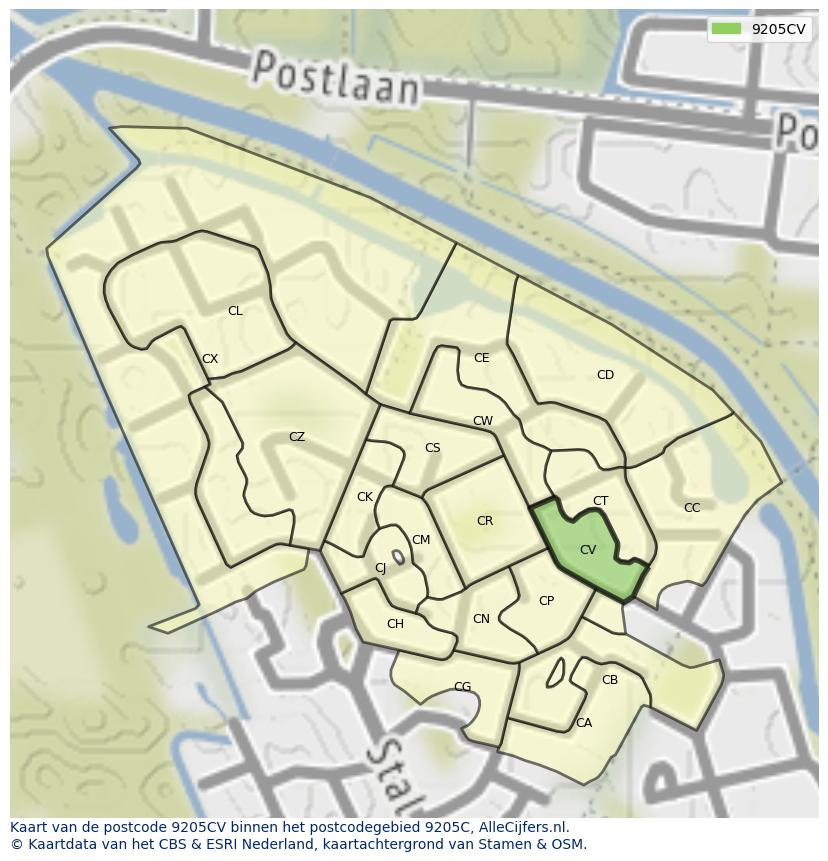 Afbeelding van het postcodegebied 9205 CV op de kaart.